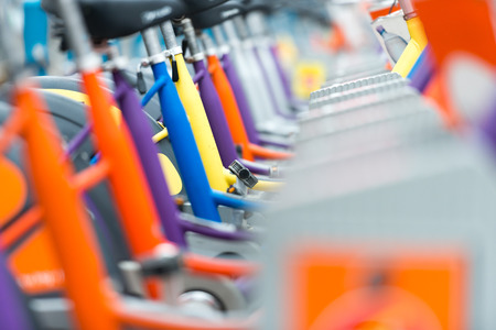 Close up view on details of bicycles for rent in Vienna, Austria. Europe travel.の写真素材