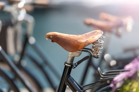 Bicycle saddle close up in street of Alesund, Norwayの写真素材
