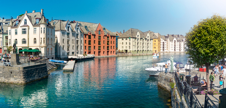Alesund, Norway - 26 July, 2013: view of central city part with historic art nouveau architectural style in which most of the town was rebuilt after a fire in 1904. Popular tourist destination in Scandinavia, Europe.のeditorial素材