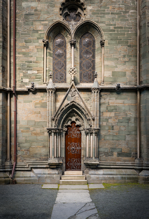 Close up view on facade of old Trondheim cathedral. Norway, Europe travel. Architecture detailsの写真素材