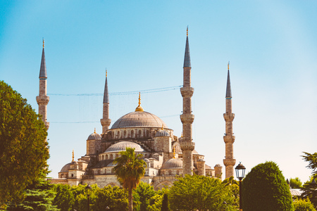 Old and beautiful Ottoman imperial mosque located in Istanbul, Turkey. Blue sky in background and trees in foreground.の写真素材