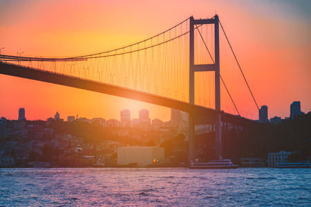 The Bosphorus Bridge known officially as the 15 July Martyrs Bridge is one of the three suspension bridges spanning the Bosphorus strait in Istanbul, Turkey.の写真素材