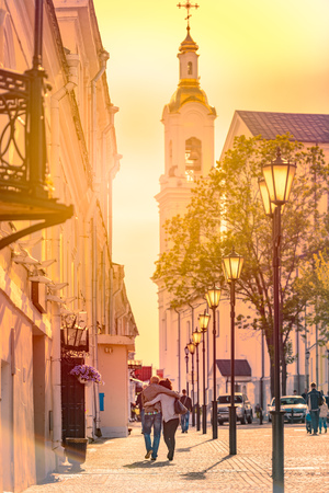 Old street of Vitebsk at sunset in Belarus, Europeの写真素材
