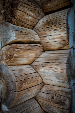 Old wood log background with cracks and lines. Light in the middle with space for copy, dark at the sides. Wall of house.の写真素材