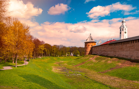 Novgorod kremlin wall and tower on sunny day. Blue cloudy sky in background. Travel in Russia.のeditorial素材