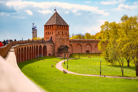 Novgorod kremlin wall and tower on sunny day. Blue cloudy sky in background. Travel in Russia.のeditorial素材