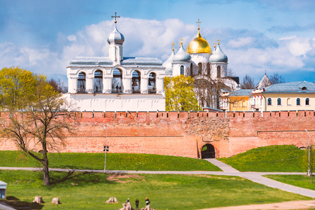 Novgorod kremlin wall and church on sunny day. Blue cloudy sky in background. Travel in Russia.の写真素材