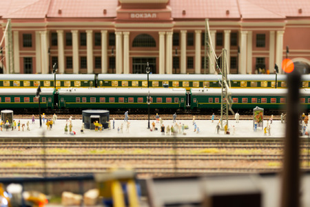 Saint Petersburg, RUSSIA - June 21, 2015: Fragment of Big Grand Maket in Russia, St. Petersburg World's largest model of Russia from Kaliningrad to the Far East. Toy train station.のeditorial素材