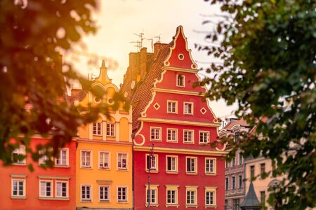 Wroclaw old town houses in Poland, Europe. Sunset sky in backgroundの写真素材