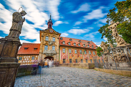 Bamberg city in Germany. Town hall building in background with blue cloudy sky.  Architecture and travel in Europe.のeditorial素材