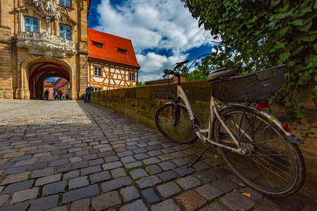BAMBERG, GERMANY - SEPTEMBER 23, 2014: Bamberg city in Germany. Town hall building in background with blue cloudy sky.  Architecture and travel in Europe.のeditorial素材