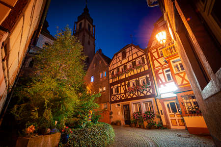 Old town street at night in Wurzburg, Bavaria, Germany. Empty alley with lanterns and traditional Europe architecture.のeditorial素材