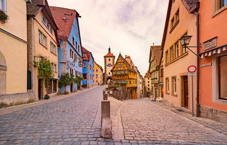 View on old city street with traditional architecture of Rothenburg Ob Der Tauber, Bavaria, Germany, Europeのeditorial素材