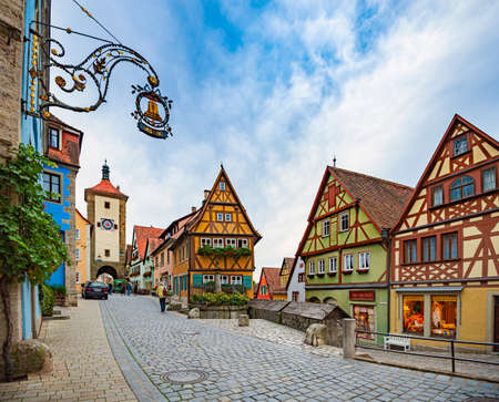 View on old city street with traditional architecture of Rothenburg Ob Der Tauber, Bavaria, Germany, Europeのeditorial素材