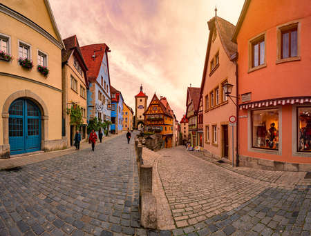Rothenburg Ob Der Tauber, Germany - SEPTEMBER 24, 2014: View on old city street with traditional architecture of Rothenburg Ob Der Tauber, Bavaria, Germany, Europeのeditorial素材