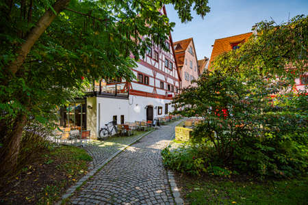 Ulm city architecture, Germany, Europe. Beautiful old timbered houses with trees and park.のeditorial素材