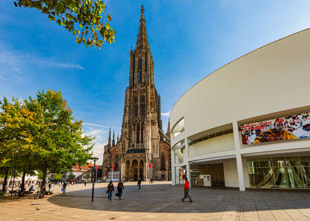 Ulm, Germany - SEPTEMBER 25, 2014: Exterior of the Ulm Cathedral, Germany, Europe. Church facade. Travel and religion.のeditorial素材