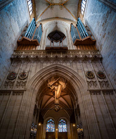 Interior of the Ulm Cathedral, Germany, Europe. Grand arches and windows. Church interior. Travel and religion.のeditorial素材