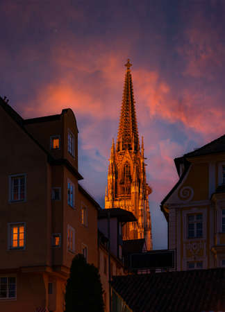 Beautiful building of Nurnberg cathedral during sunsetの写真素材