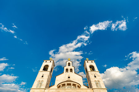 Cathedral of the Resurrection of Christ, Podgorica, Montenegro, Europe. Blue sky with clouds in background.のeditorial素材