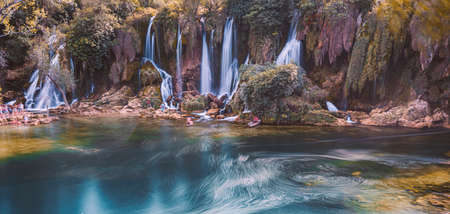 KRAVICE WATERFALLS, BOSNIA AND HERZEGOVINA - SEPTEMBER 10, 2015: People visiting waterfalls. Bosnia and Herzegovina, Europe.のeditorial素材