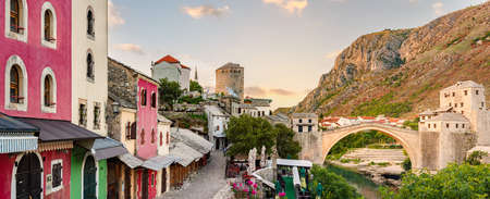 Mostar, Bosnia and Herzegovina. The Old Bridge, at sunset. Travel in Europe.のeditorial素材