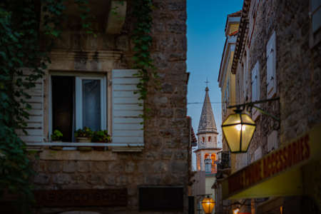 Budva old town street at night. Montenegro, Balkans, Europe travel.の写真素材