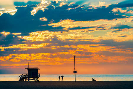 Lifeguard cabin at sunset ocean in Santa Monica, California, United States of Americaの写真素材