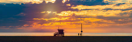 Lifeguard cabin at sunset ocean in Santa Monica, California, United States of Americaの写真素材