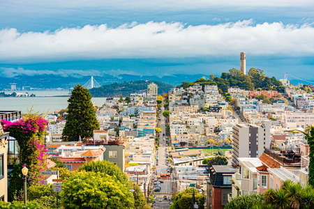 San Francisco city view with Coit tower and blue cloudy sky in background. California, USAの写真素材