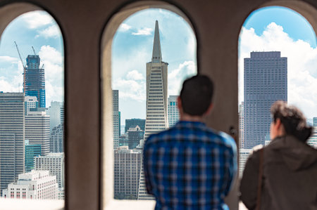 San Francisco city downtown view from Coit tower with blue cloudy sky in background. California, USAの写真素材
