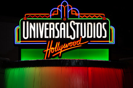 Los Angeles, United States of America - October 17, 2016: Universal Studios theme park neon logo by nightのeditorial素材