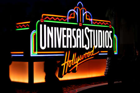 Los Angeles, United States of America - October 17, 2016: Universal Studios theme park neon logo by nightのeditorial素材