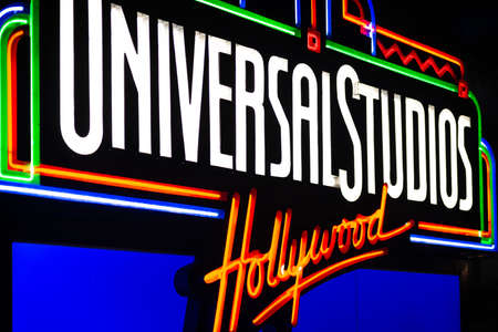 Los Angeles, United States of America - October 17, 2016: Universal Studios theme park neon logo by nightのeditorial素材