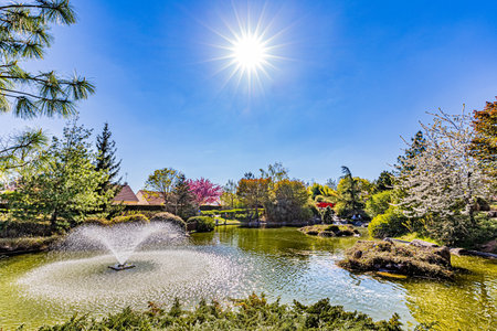 Spring colors in Dijon's Japanese garden.. The Japanese garden in Dijon in the colors of spring.のeditorial素材