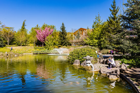 Spring colors in Dijon's Japanese garden.. The Japanese garden in Dijon in the colors of spring.のeditorial素材