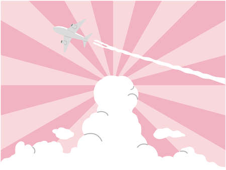 Background illustration of the sky, clouds and airplanes (pink)のイラスト素材