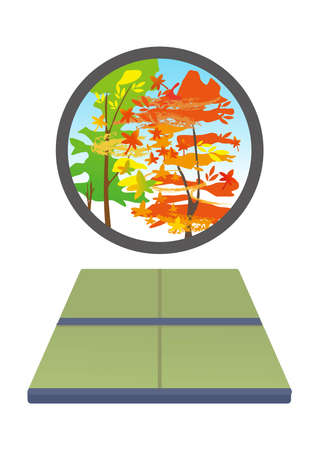 Illustration of a round window with autumn leavesのイラスト素材