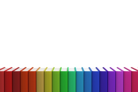 Close up row Stack of colorful books on white background, Front viewの写真素材