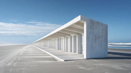 A striking modern architectural structure stands prominently on a sandy beach, framed by a clear blue sky and ocean waves, offering tranquil vistas.の素材