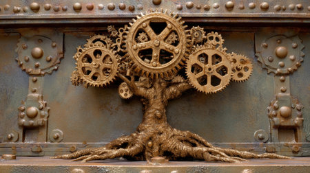 A stunning steampunk tree sculpture featuring intricate gears and metallic components, symbolizing the fusion of nature and machine in art.の素材