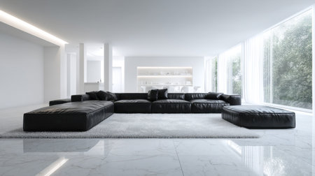 A modern minimalist living room showcasing a black leather sectional sofa on a plush rug. The room features large windows, flooding the space with natural light and creating an inviting atmosphere.の素材