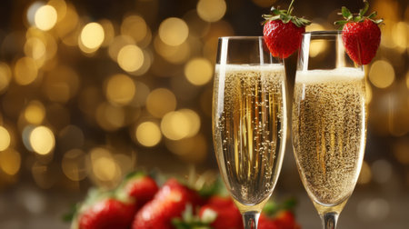 Two elegant champagne glasses filled with sparkling wine are garnished with fresh strawberries, creating a festive and romantic atmosphere perfect for celebrations.の素材