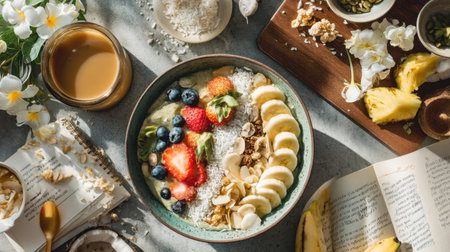 A vibrant and healthy breakfast bowl filled with fresh fruits, nuts, and seeds, complemented by a warm cup of coffee. Surrounded by flowers and books, this rustic table setting captures a cozy and inviting atmosphere, perfect for a nutritious meal to start the day.の素材