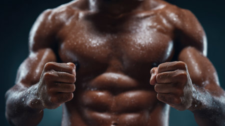 A striking close-up of an athletic man's muscular upper body, showcasing defined abs and biceps. The dramatic lighting emphasizes sweat and strength, symbolizing determination in fitness and health.の素材