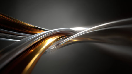 This captivating abstract image features intertwined metallic waves of gold and silver, creating a sense of dynamic motion and elegance against a dark background.の素材
