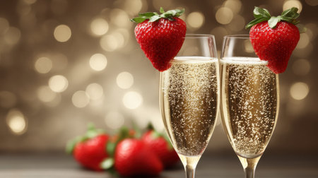 Two elegant champagne glasses filled with sparkling drink, garnished with fresh strawberries, set against a soft bokeh background, perfect for celebrations.の素材