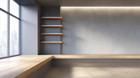 A serene and spacious minimalist interior featuring large windows that allow natural light to flood the room, showcasing wooden shelves and smooth walls.の素材