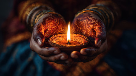 A close-up view of hands holding a glowing traditional oil lamp, adorned with stunning henna designs, showcasing the beauty of cultural celebrations.の素材