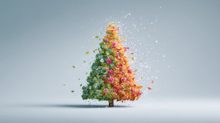 An artistic representation of a Christmas tree created from colorful powder bursting into the air, capturing the essence of festive cheer and seasonal beauty.の素材